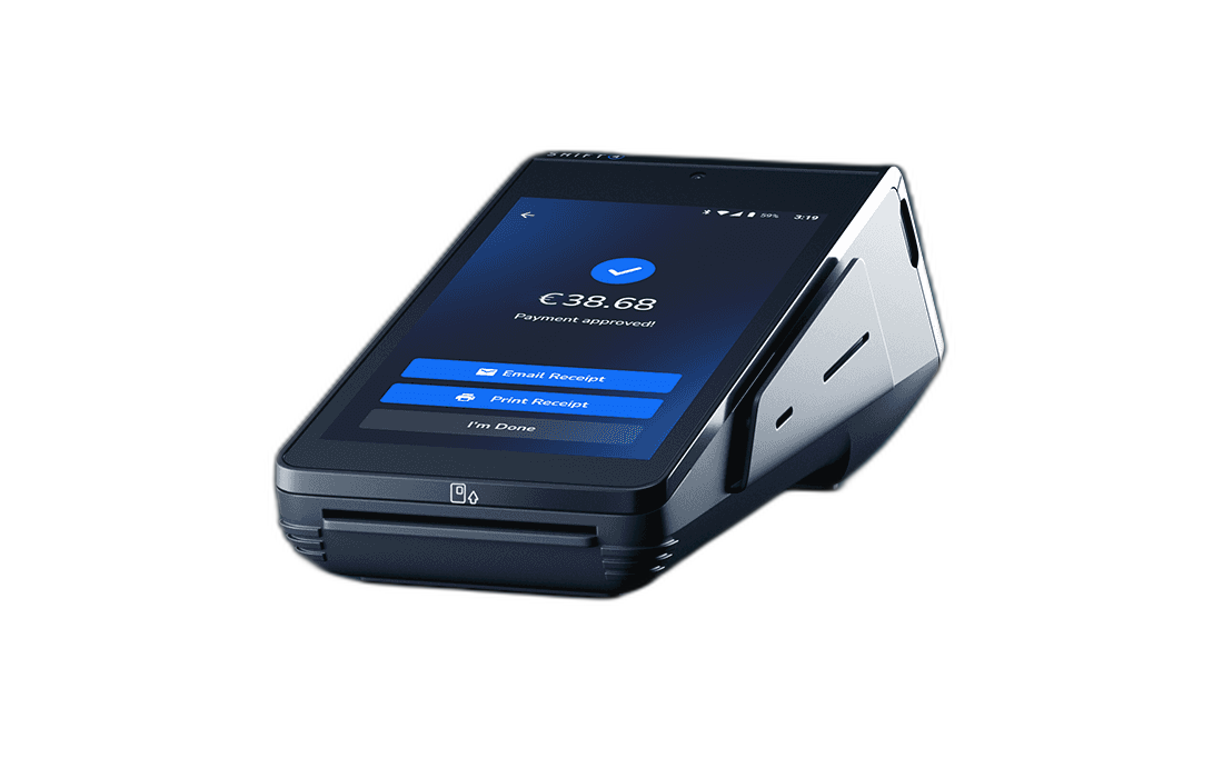 SkyTab Mobile integrated payment terminal showing a card payment of €38.68